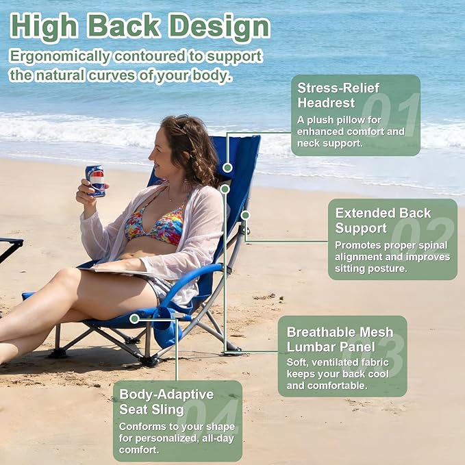 Romswi High Back Beach Chair Compact Lightweight Low Seat Camping Chair Fits in Suitcase 400lbs Heavy Duty Oversized Backpack Chair with Cup Holder &amp Storage Bag Blue