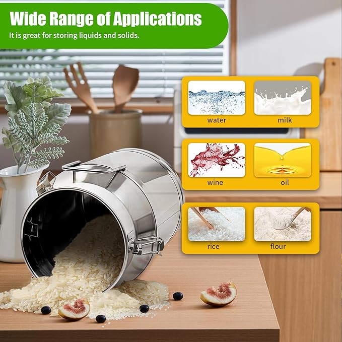 Stainless Steel Milk Can 30L/8Gal Metal Airtight Canister Food Storage Container with Lid &amp Clamps Bean Rice Cereal Storage Bucket for Kitchen Restaurant W12.6*H18.9in
