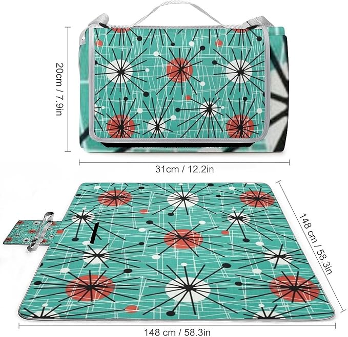 Mid Century Modern Atomic Turquoise Waterproof Outdoor Picnic Blanket Sandproof Beach Mat for Camping Hiking Grass Travelling