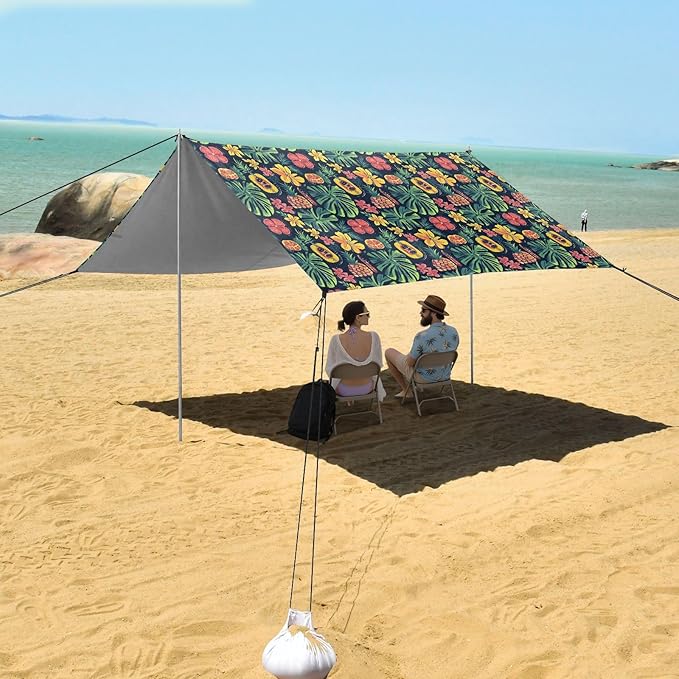 ALAZA Tropical Flower Palm Leaves Beach Tent Sun Shelter UPF50+ Protection Beach Shade Canopy w/ 4 Sandbags for Outdoor Camping Fishing Backyard Fun Picnic 10x9 ft