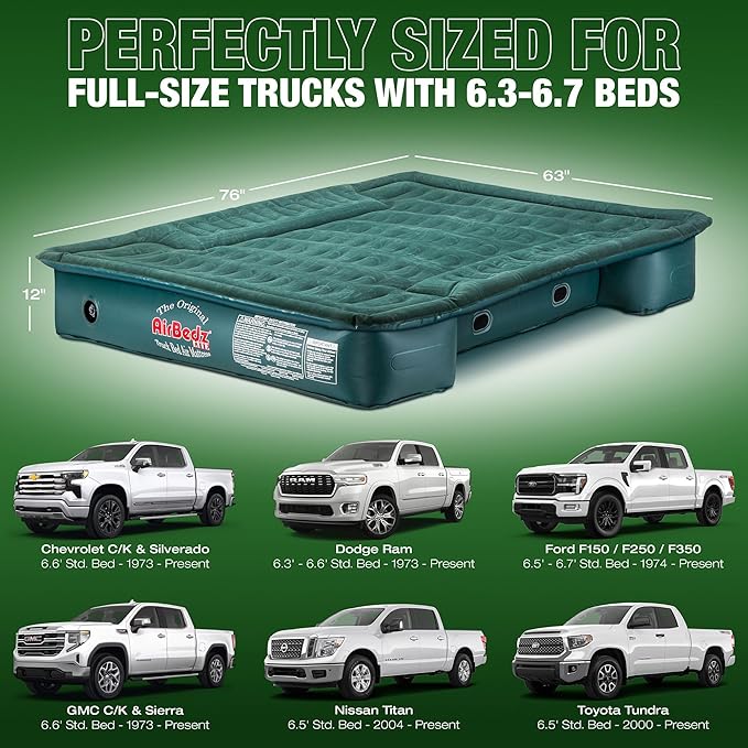 Pittman Outdoors AirBedz Lite PPI PV202C Full Size Short 6'-6.5' Truck Bed Air Mattress with DC Corded Pump (76x63x12 Inflated)GreenFull Size Beds