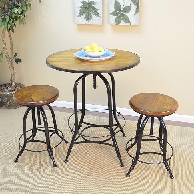 Carolina Chair &amp Table Ryder Adjustable Round Bar Stool - Powder Coated Finish Metal Frame Solid Wooden Seat Swivel Stool - Rustic Style Furniture for Counter Dining Room Kitchen (Chestnut/Black