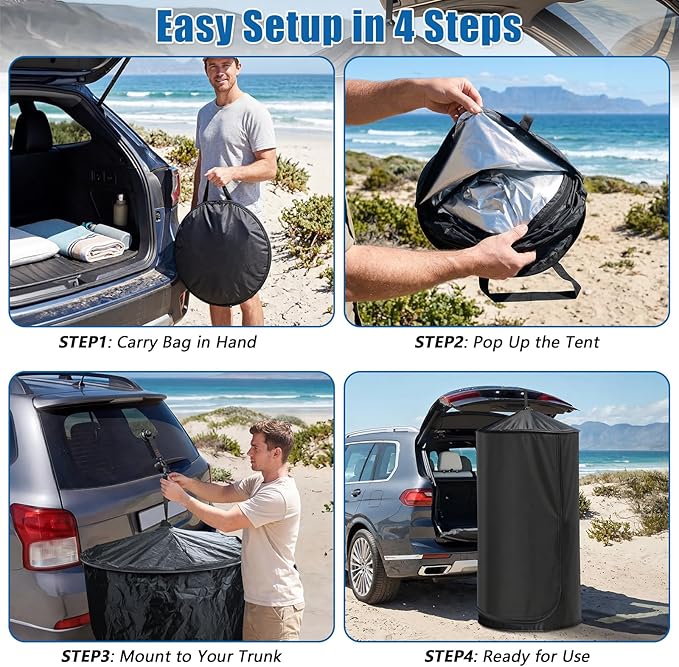 Pop Up Privacy Tent for Car 69in Portable Camping Shower Tent with Liftgate Suction Pod and Hanging Straps 210D Silver Coating Outdoor Instant Bathroom Toilet Tents with Carry Bag
