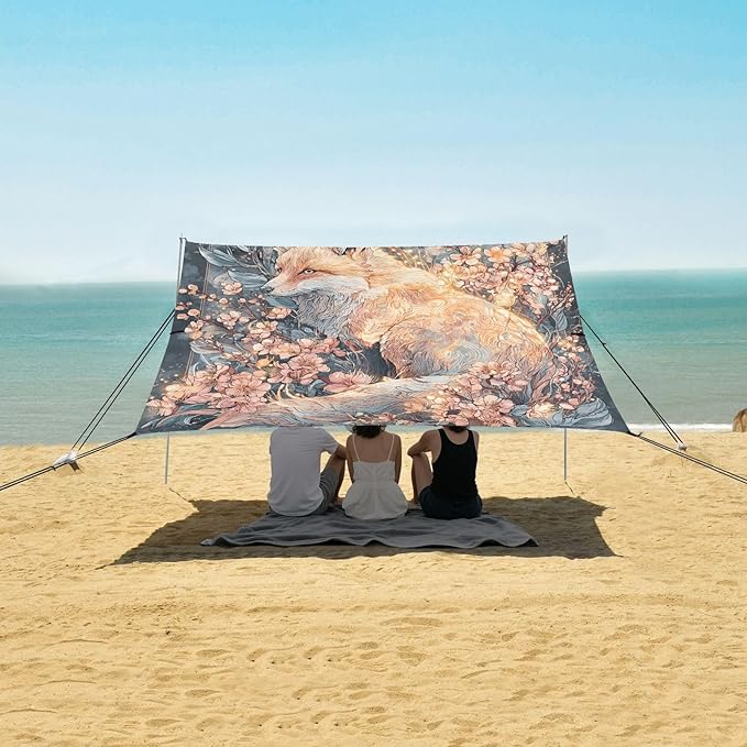 ALAZA Fox Cherry Blossom Beach Tent Sun Shelter UPF50+ Protection Beach Shade Canopy w/ 4 Sandbags for Outdoor Camping Fishing Backyard Fun Picnic 10x9 ft