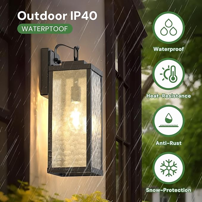 DORESshop Large Size Dusk to Dawn Outdoor Wall Lights 16 Inch Matte Black Waterproof Anti-Rust Outdoor Light Fixtures Wall Mount with Water Ripple Glass Shade for Porch Garage ETL Listed 2 Pack