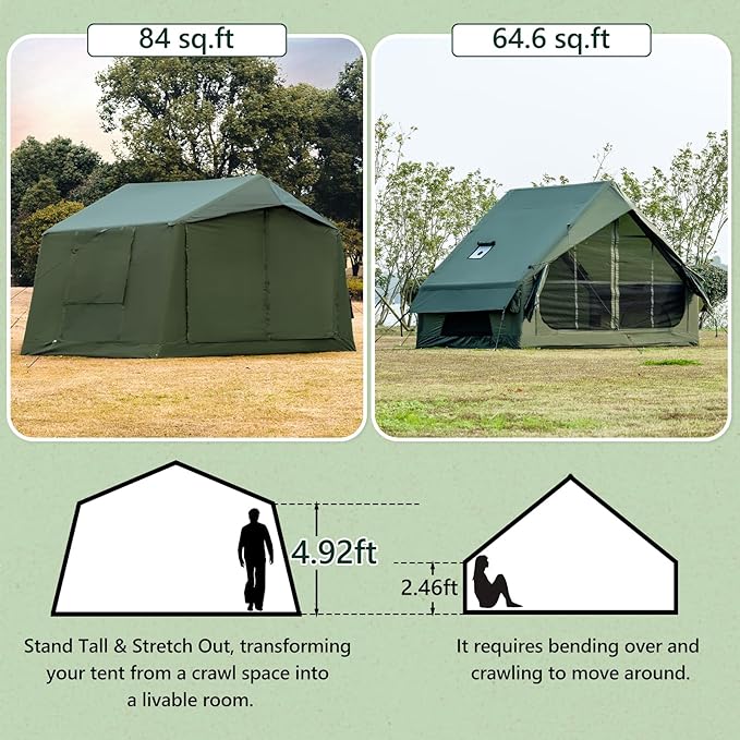 Inflatable Camping Tent with Hand Pump Waterproof Outdoor Blow up Tent 2-8 Person Oxford 4 Season Glamping Air Tent Cabin House with Mesh Windows &amp Door