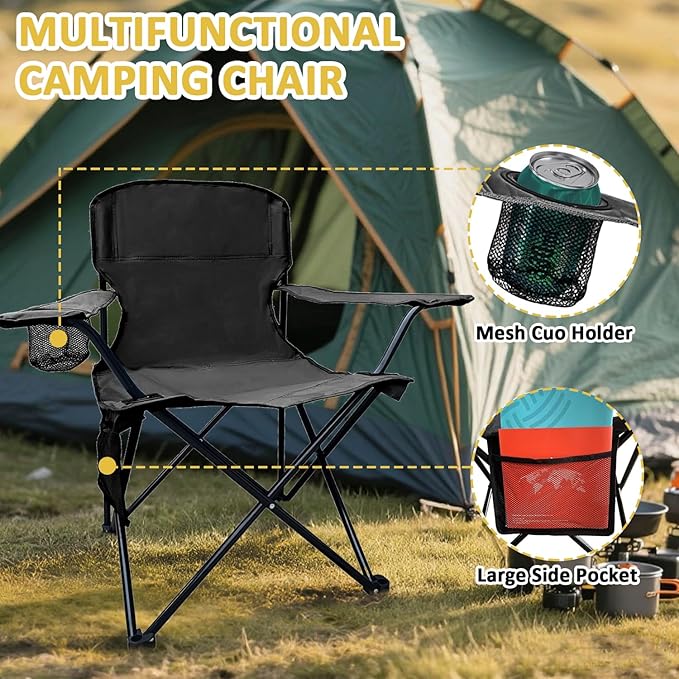 Camping Chair 2 Pack Portable Folding Chair with Cup Holder and Cooler Bag 285lbs Capacity Upgraded Foldable Chair for Outdoor Beach Fishing Backpacking Green