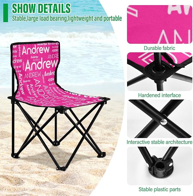 Sinestour Deep Pink Custom Folding Camping Chair for Teen Child Personalized Name 14.6×14.6in Portable Outdoor Chair with Carry Bag for Barbeques Picnic Travel