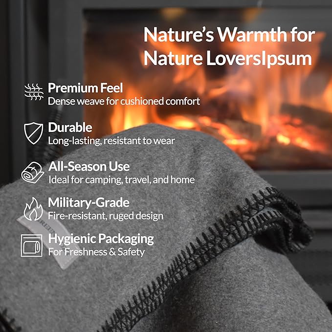 Military Style Wool Blanket – Cushioned Breathable Durable Warm &amp Washable – Double-Stitched Border–Great for Camping Outdoor First Aid Travel Car–Fire Retardant – 64x90 4.7 lb (Navy Blue