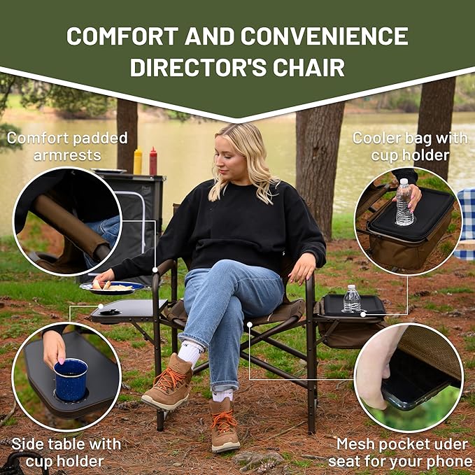 TIMBER RIDGE Folding Camping Chair with Cooler Bag Director Chair Foldable with Side Table for Adults Camp Chairs for Outdoor Lawn Sports Fishing Heavy Duty Supports 300lbs Earth Brown