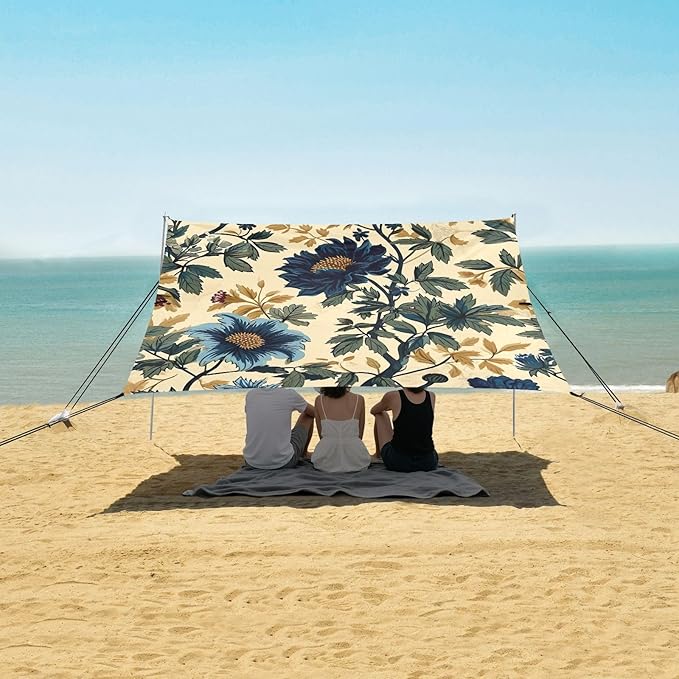 Blue Flowers Beige Beach Tent Sun Shelter 9.2' x 10.5' Beach Canopy with 4 Sandbags 4 Stability Poles Sand Shovels - Tent Canopy for Beach Camping Fishing Picnics