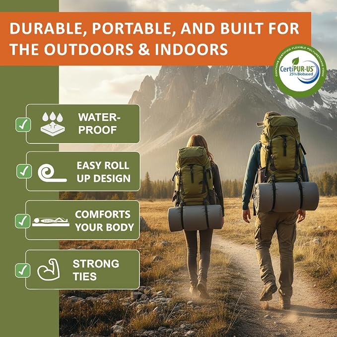 Waterproof Multi-Purpose Camping Mattress (26x72/30x75/38x75) Roll-Up Pad with Non-Slip Bottom Washable Zipper Cover – Medium-Firm CertiPUR Foam for Tent Floor RV Bunk or Guest Use