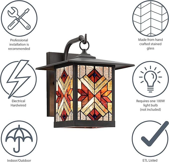RIVER OF GOODS Stained Glass Outdoor Light Fixture - 11.75 H - Mission Style Porch Light - Peggy