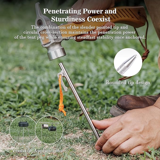 iBasingo 6-Pack Titanium Tent Stakes 20/24/30/35/40cm with Reflective Ropes Ultralight Backpacking Stakes for Camping Hiking Picnic Corrosion-Resistant &amp Durable Ground Pegs Ti4012P