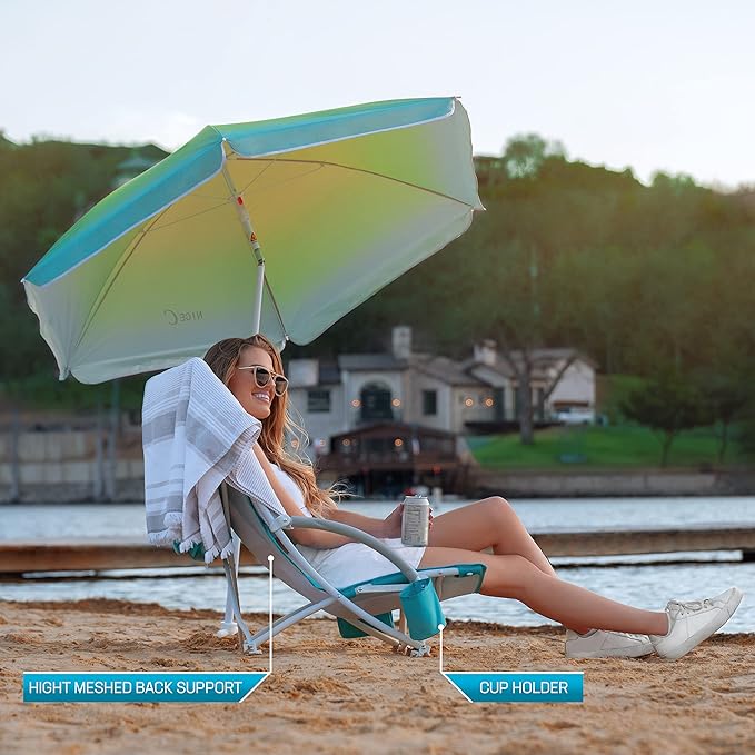 Nice C Beach Chair Beach Chairs for Adults with Umbrella and Cooler High Back Cup Holder &amp Carry Bag &amp Heavy Duty Compact Outdoor Camping (One Blue)
