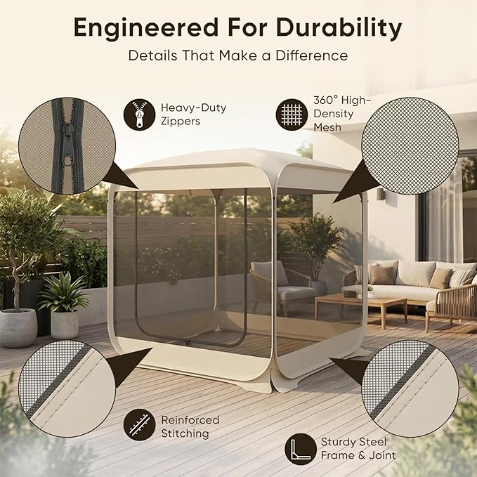 TABU Pop Up Screen House Tent 6x6 FT Screen Room Canopy with Mosquito Mesh Instant UV Resistant Shelter with Carry Bag for 2-4 Person Backyard Sports Hiking Beige