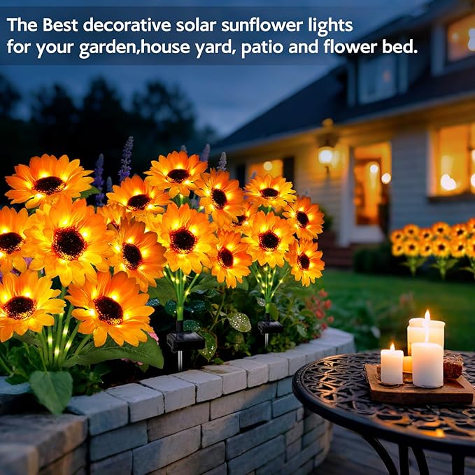 Solar Sunflower Lights Outdoor Garden Decor 4 Pack Solar Flowers Lights with 18 Sunflowers Waterproof Fall Decor Stake Decorative Light Auto ON/Off for Garden Yard Patio Gift for Women