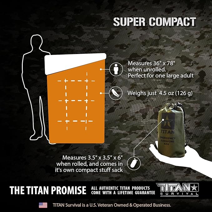 TITANSurvival Emergency Sleeping Bags for Survival 36” x 78” - 90% Heat Retention 41% Thicker &amp Waterproof - Durable Survival Sleeping Bag for Cold Weather Camping - Thermal Sleeping Bag Outdoor