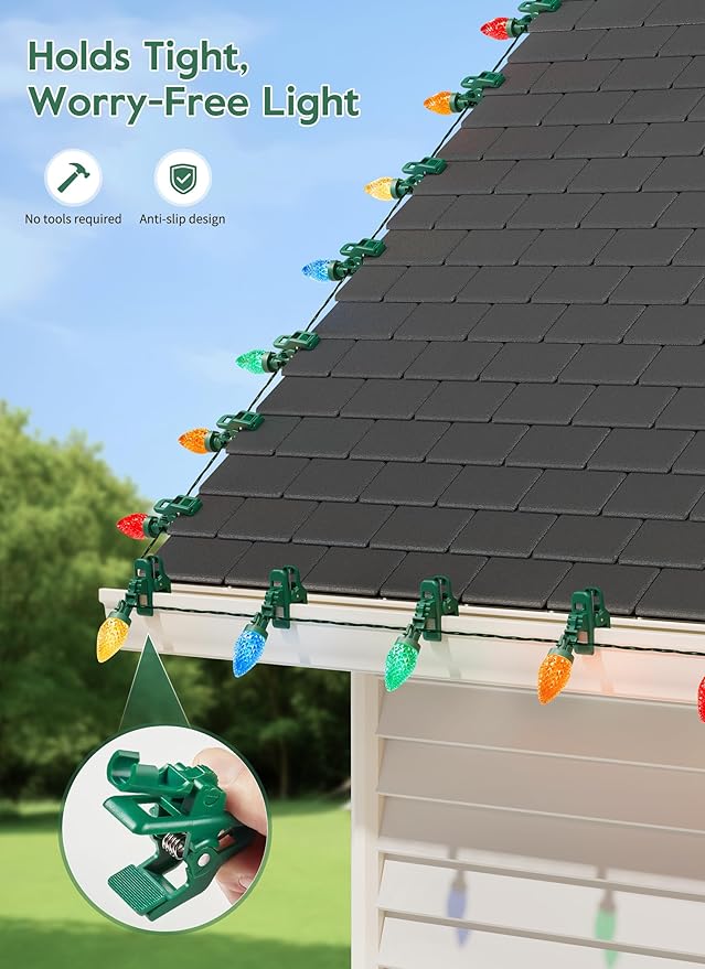 Brightown C9 LED Christmas Lights Outdoor 99 Feet 150 LED C9 String Lights with 150 Spring Clips Waterproof Connectable Christmas Tree Lights for Outside Roofline Patio Home Xmas Decor Multicolor