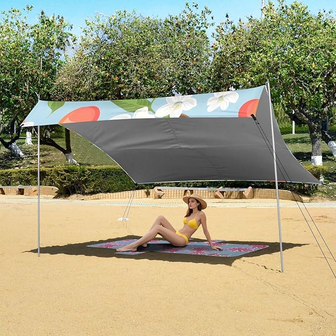 ALAZA Cherry &amp Flowers Beach Tent Sun Shelter UPF50+ Protection Beach Shade Canopy w/ 4 Sandbags for Outdoor Camping Fishing Backyard Fun Picnic 10x9 ft