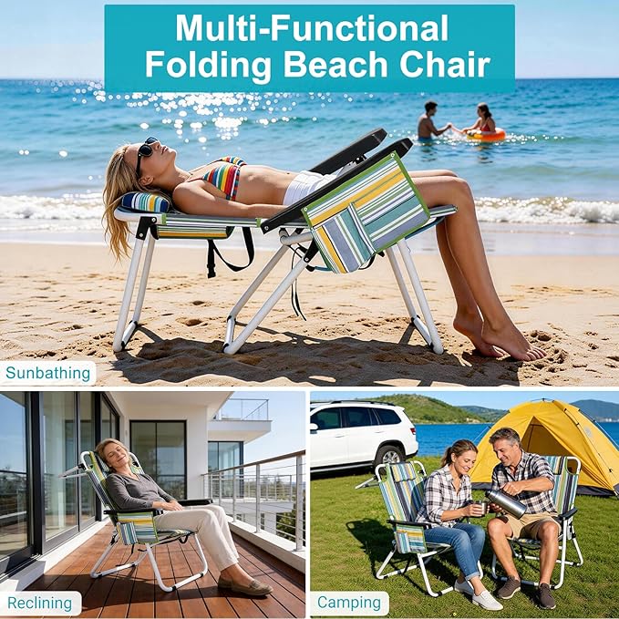 ABORON 17'' Tall Folding Beach Chair with Backpack Straps 5-Position Reclining Lounge Chair Heavy Duty 600D Oxford Fabric Insulated Cooler Bag &amp Side Pocket for Outdoor Camping Poolside