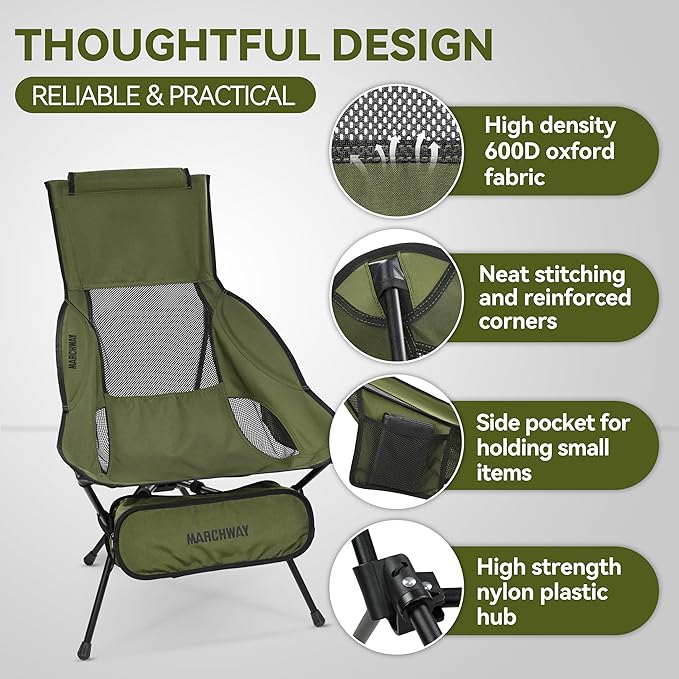 MARCHWAY Lightweight Folding High Back Camping Chair with Head Support Stable Portable Compact for Outdoor Camp Travel Beach Picnic Festival Hiking Backpacking (Highback Green)