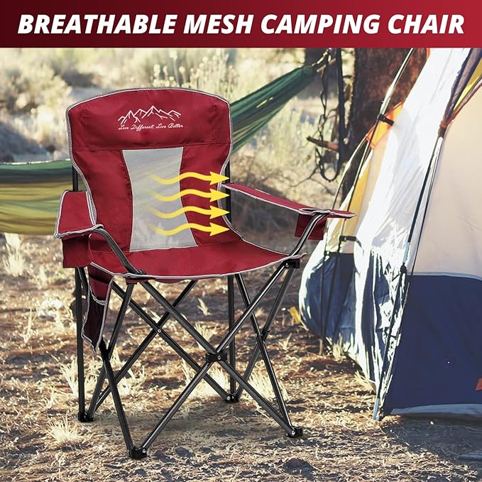 2PCS SAILARY Mesh Folding Camping Chairs Oversized Portable Outdoor Chairs Weight Capacity 325 lbs with Cup Holder Storage Pocket Carry Bag Red