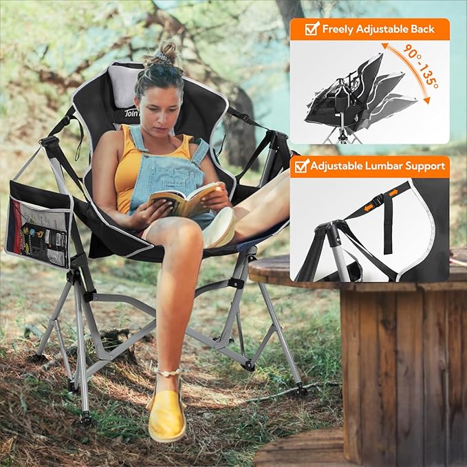 Oversized Hammock Camping Chairs Folding Swing Chair with 1-Step Design Swinging Hammock Chair with Adjustable Backrest Lumbar Support &amp Headrest for Outdoor&ampIndoor Support 400LBS Black