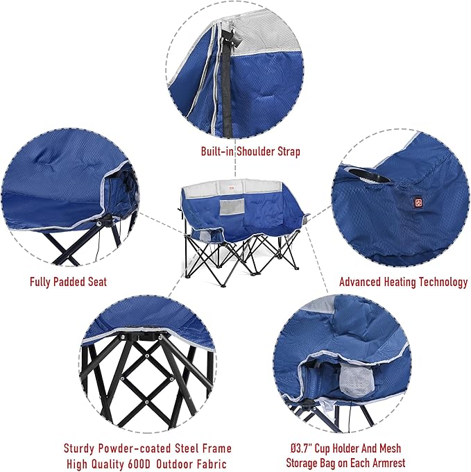 SUNNYFEEL Heated Double Camping Chair Outdoor Portable Loveseat Chair Heavy Duty Folding Lawn Chairs with Storage for Beach/Tailgate/Travel/Picnic Foldable Duo Camp Chairs for Adults 2 People