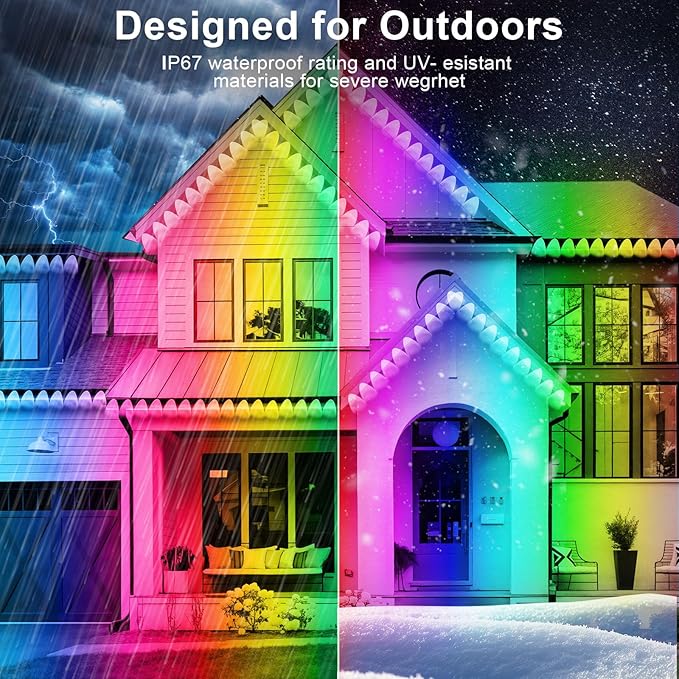 FBZ 100FT Permanent Outdoor RGB Lights - IP67 Waterproof with Smart App Control RemoteDIY Scene Modes Music SynchronizationEaves Lights for Garden DecorDeckChristmas