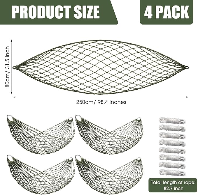 Jerify 4 Pack Mesh Hammocks Set - 98.4 x 31.5 Inches Pine Green Nylon Rope Hammock Each Max 220 Lbs/100 kg Outdoor Hammocks with 2 Straps for Camping Patio Garden