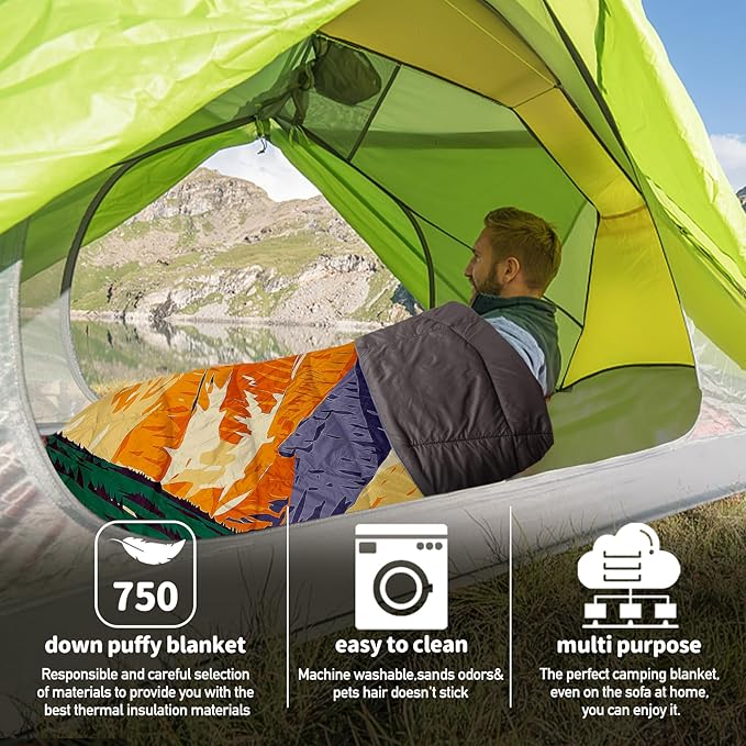 Outdoor Puffy Camping Blanket Lightweight Down Alternative Puffy Printed Camping Large Ultra Warm Hammock Top Quilt Waterproof Blanket for Traveling Picnic Beach Party Cold Weather (Peak)