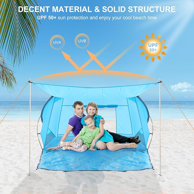 Beach Tent with Canopy Beach Cabana Sun Shelter for 4-6 Person Lightweight Portable Beach Cabana with UPF 50+ Sun Shelter and Ventilation Windows Ideal for Family Fun and Outdoor Camping