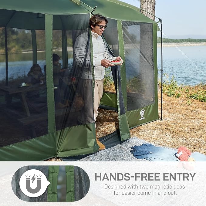 EVER ADVANCED Magnetic Screen House Room 11x9ft Hands-Free EntryScreenhouse with Sun Protection for Camping&ampPicnic 11x9ftCamping Tent Canopy Shelter with Mesh Green