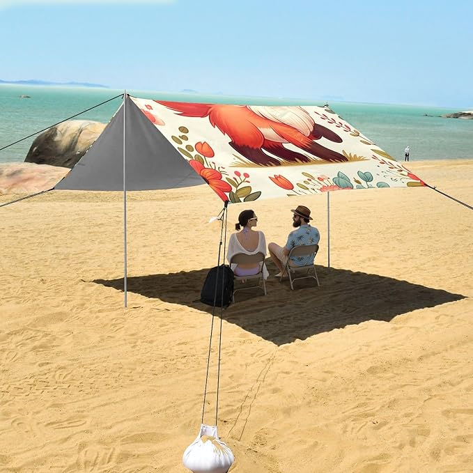 Cute Fox and Flowers Camping Sun Shelter Beach Tent Portable Beach Sun Shade Outdoor Canopy for Camping Trips Fishing Picnic