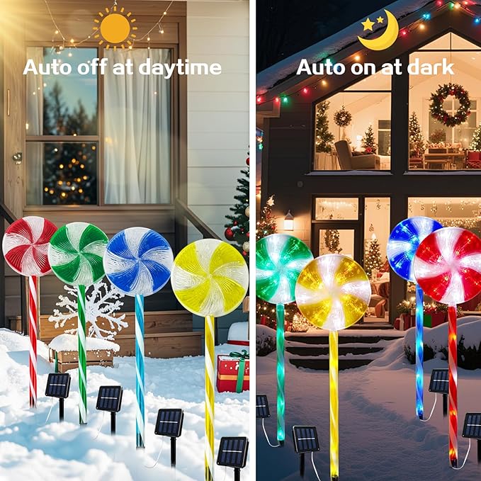 4PCS Lollipop Peppermint Solar Candy Cane Lights Outdoor - Christmas Solar Pathway Lights Christmas Lollipop Decorations 8 Modes Candy Cane Pathway Light for Outside Yard Walkway