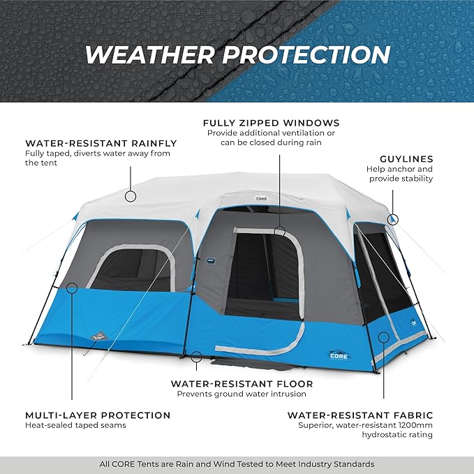 CORE Instant Cabin Tents with LED Lights | 6 Person / 9 Person / 12 Person Family Multi Room Lighted Pop Up Tents for Camping | Included Storage Pockets for Camping Accessories