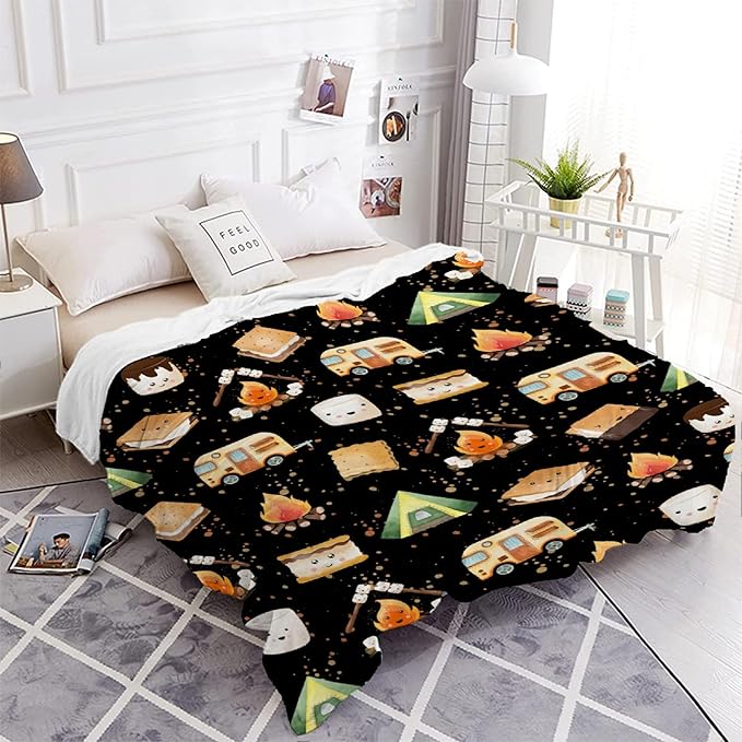 Cute S'Mores Flannel Blanket | Ultra Soft Roasted Marshalows Throw for Couch/Sofa/Travel/Camping | Camping Blanket Gifts for Camper Lover Decor - 40x50-Kids/Throw Size