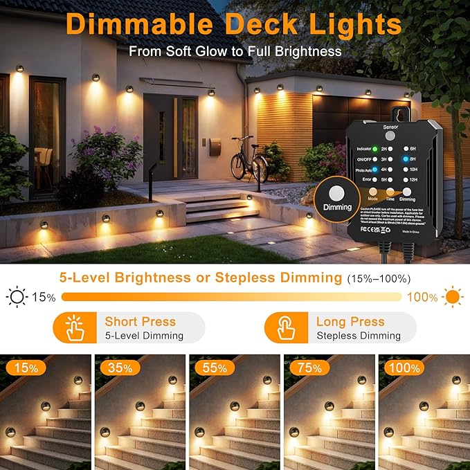 Low Voltage LED Deck Lights Kit with Transformer Dusk-to-Dawn Outdoor Step Lights Waterproof IP67 Warm White Dimmable Surface-Mount Landscape Lighting for Stairs Deck Patio Railing (4 Pack)