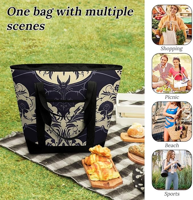 Insulated Shopping BagLarge Reusable Cooler Bags Bat Pattern Printed Foldable Shopping BagTravel Waterproof Shoulder Bag