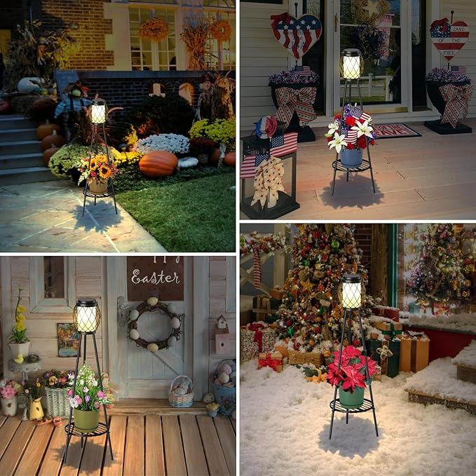 MXwcy Solar Lights Outdoor with Plant Stands 2 Pack Solar Floor Lamp Metal Tripod Patio Lights for Garden Yard Pathway Driveway Front/Back Porch Decoration