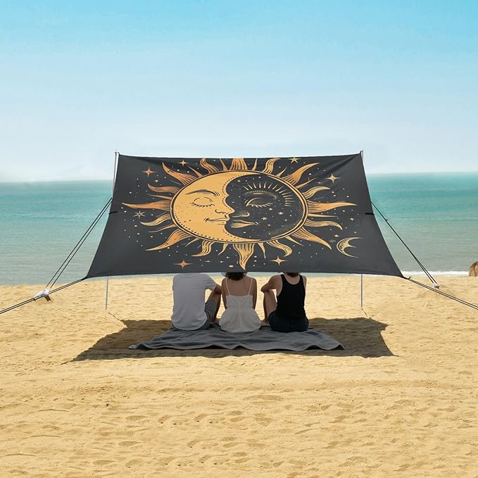 ALAZA Sun Moon Star Yingyang Beach Tent Sun Shelter UPF50+ Protection Beach Shade Canopy w/ 4 Sandbags for Outdoor Camping Fishing Backyard Fun Picnic 10x9 ft