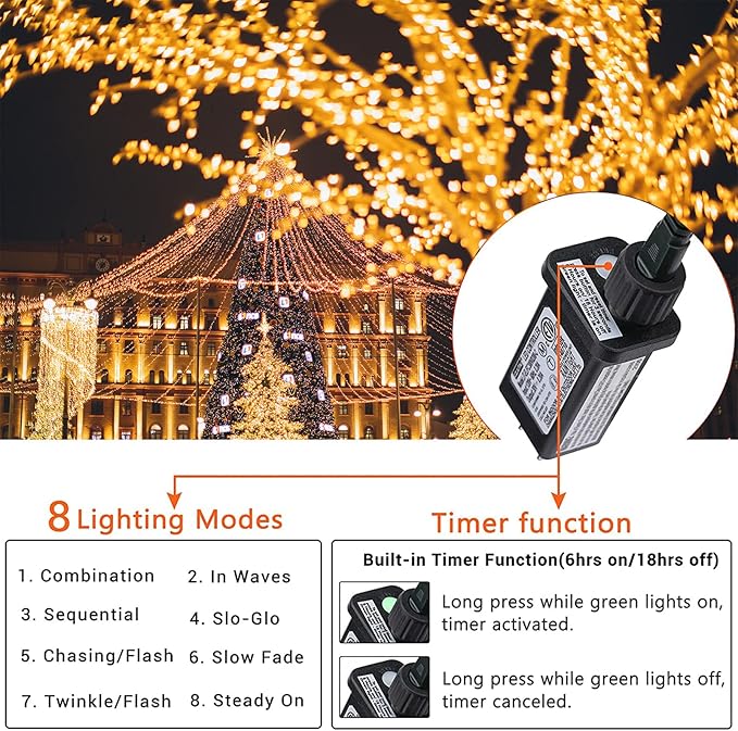 338Ft Christmas Lights Outdoor 1000 LED Christmas String Lights with 8 Modes Timer Waterproof Fairy Twinkle Lights for Party Garden Wedding Holiday Weddings Xmas Tree Decorations (Warm White)