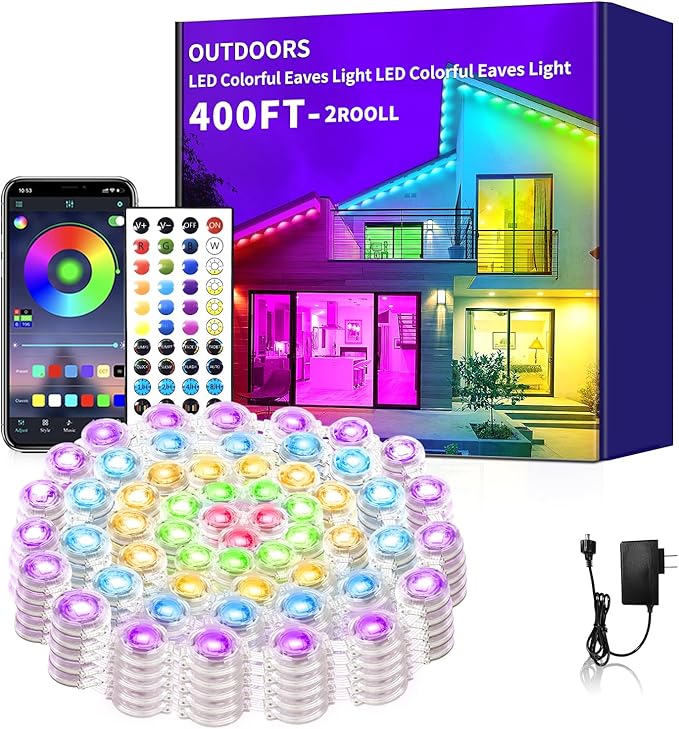 400ft Permanent Outdoor Light RGB Smart Outdoor eave Lights with APP &amp Remote Controltimed Music synchronisation IP67 Waterproof LED eave LightSuitable for PartyHalloweenChristmasRooftopGar