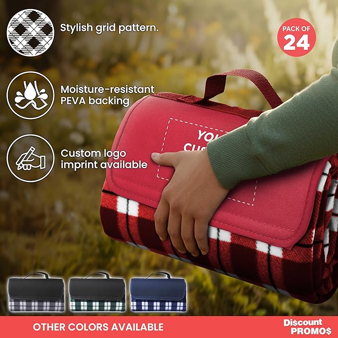 DISCOUNT PROMOS Custom Brookhaven Roll Up Picnic Blankets Set of 24 Personalized Bulk Pack - Great Outdoor Blanket for Camping Picnic Beach Sports Outdoor Activities - Red