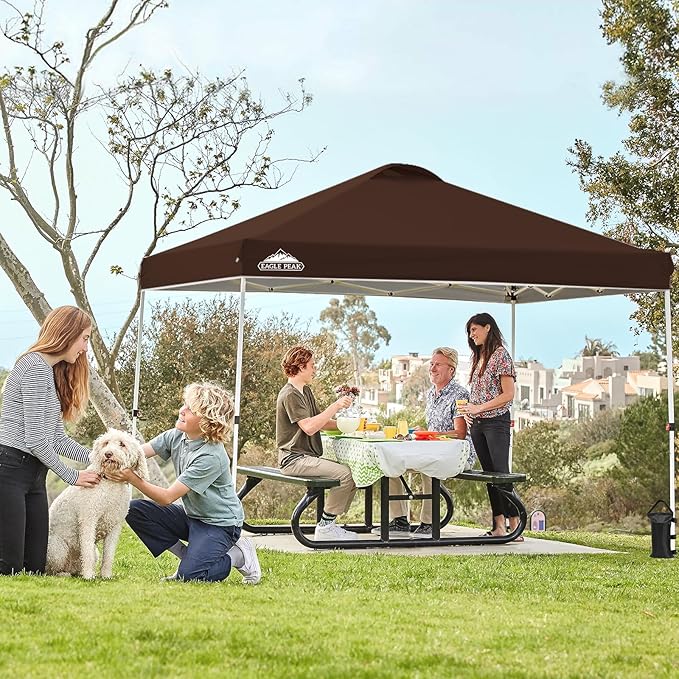 EAGLE PEAK Pop Up Canopy Tent with Wheeled Carry Bag 8 Stakes 4 Ropes 4 Weight Bags Easy Set Up Tent Canopy 10x10 ft 100sqft of Shade Brown
