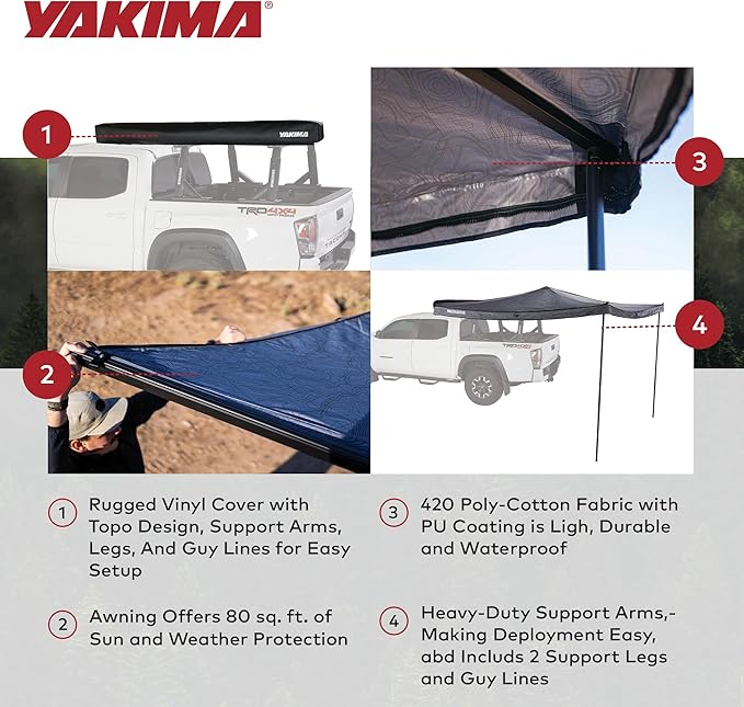 Yakima Freestanding Roof Mounted Awning 270 Degree 80 Sq Ft Travel Sun Protection Canopy w/Support Legs for Left Side of Vehicle OverNOut 270 LG