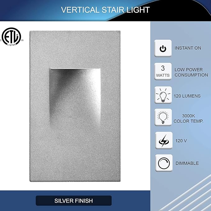 Ciata LED Stair Lights Indoor Step Lights Outdoor Stair Light 3 Watt Warm White Stairway Lighting for Outdoor and Indoor Stairs 3000K Concrete Home Theater Lighting Silver Finish Vertical 3 Pack