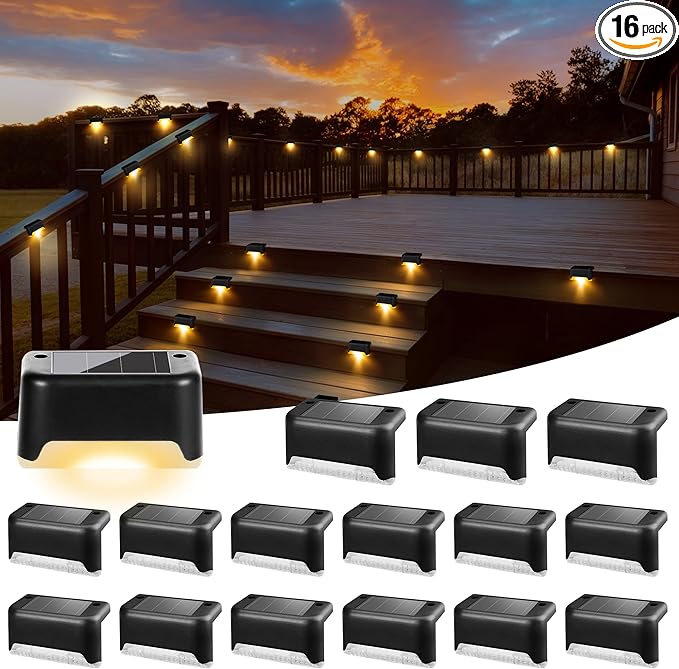 Solar Deck Lights Outdoor 16 Pack Black Solar Step Lights Waterproof Led Light for Outside Stair Fence Yard Garden Patio and Pathway(Warm White)