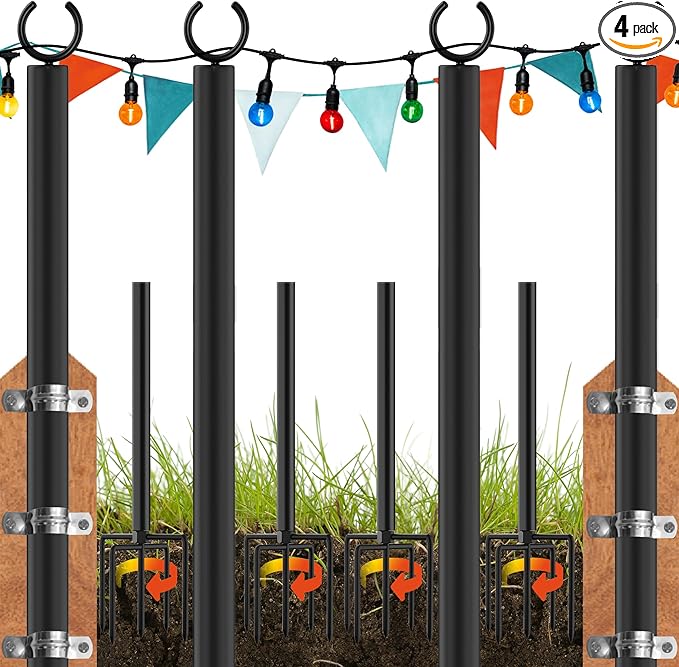 LAND·VOI 4 Pack String Light Poles 9FT Heavy Duty Metal Light Poles for Outside String Lights Outdoor light poles with 5 Prong Fork Light Pole Stand for Patio Backyard Garden Deck Black FLP14B